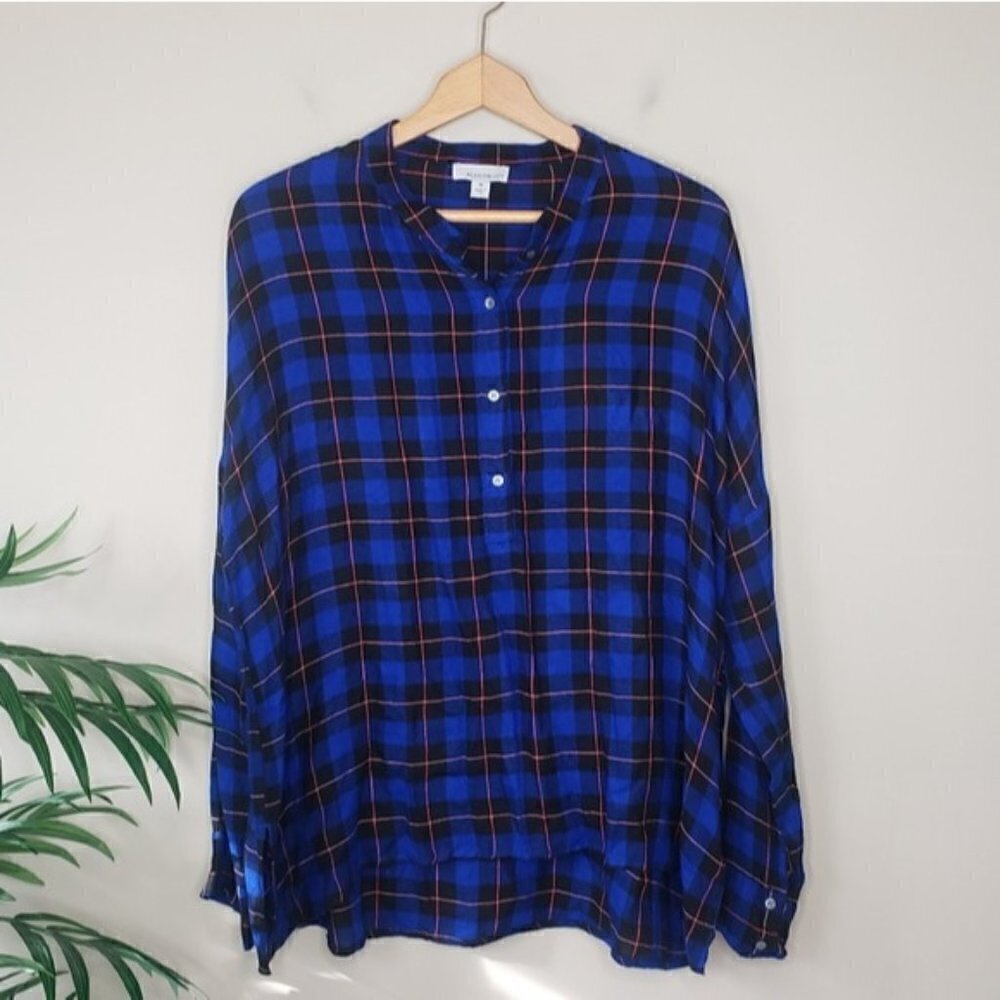 Allison Joy Evereve Blue Plaid Popover Shirt Size Medium Casual Weekend Work